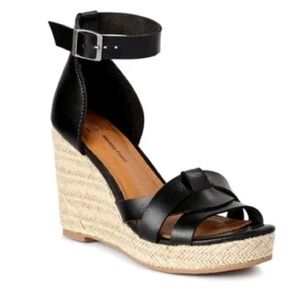 NEW! Woven Band Wedge Heels with Ankle Strap, Black and Tan, Size 9
